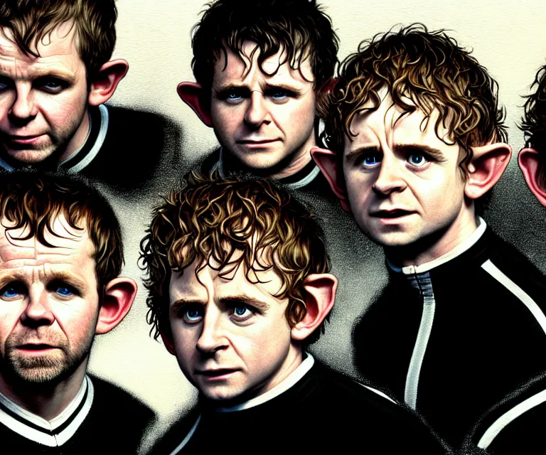 Prompt: a detailed fifty mm portrait of dominic monaghan, billy boyd, sean astin, as hobbits in black adidas track suits with white stripes, headshot, highly detailed, digital painting, artstation, concept art, sharp focus, cinematic lighting, illustration, art by met mangindaan, artgerm and greg rutkowski, alphonse mucha, cgsociety