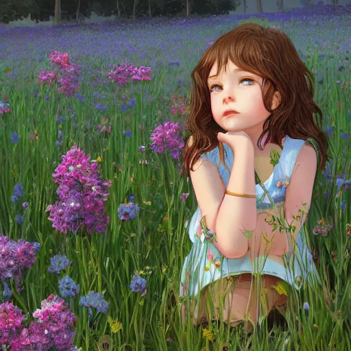 Image similar to a painting of a little girl with short wavy curly light brown hair and blue eyes, sitting in a field of flowers. beautiful detailed face line art by ilya kuvshinov and