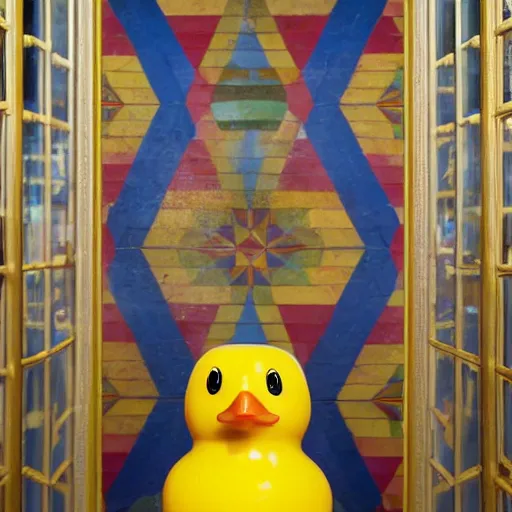 Image similar to 1 8 mm f / 8 wide shot, one! photorealistic rubber duck in foreground on a pedestal in an cavernous museum gallery, metropolitan museum of art, the walls are covered with colorful geometric wall paintings in the style of sol lewitt, tall arched stone doorways, through the doorways are more wall paintings in the style of sol lewitt.