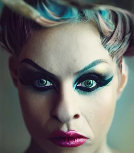 Prompt: a high quality, high detail, portrait of a drag queen by cig harvey, intense look in the eyes, moody, nostalgic