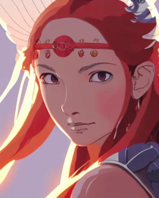 Image similar to young britney spears as an azctec warrior, detailed perfect face, exquisite details, fire magic, mid view, design on a white background, by studio muti, greg rutkowski makoto shinkai takashi takeuchi studio ghibli