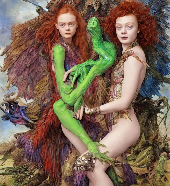 Image similar to a portrait photograph of sadie sink as a colorful harpy super hero with slimy reptile skin. she is trying on a amphibian organic catsuit and transforming into a feathered alien beast. by tom bagshaw, donato giancola, hans holbein, walton ford, gaston bussiere, peter mohrbacher and brian froud. 8 k, cgsociety