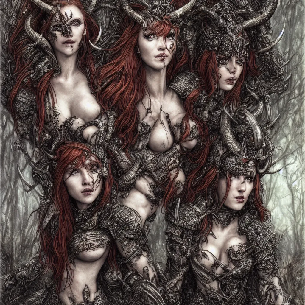 Prompt: 5 5 mm portrait of an armored gorgeous anesthetic redhead woman warrior with a face tattoo and horns growing from her head. 3 dragons. in a magical forest in the style of stefan kostic, art by luis royo. highly detailed 8 k. intricate. lifelike. soft light. nikon d 8 5 0. cinematic post - processing