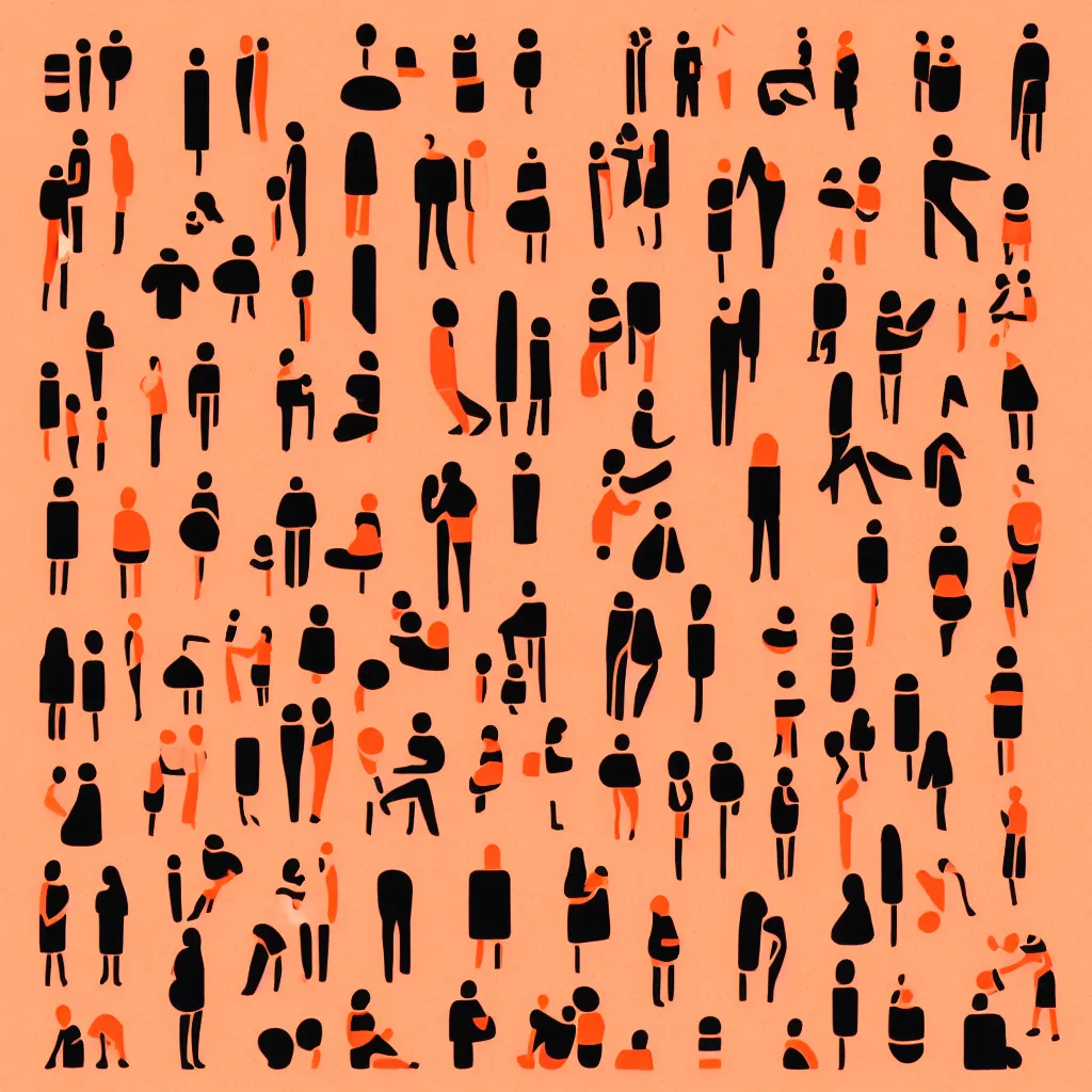 Prompt: simple risograph graphic illustration, community of people, basic shapes, orange white and black, clean edges