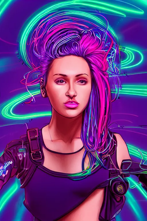 Image similar to a award winning half body portrait of a beautiful woman in a croptop and cargo pants with ombre purple pink teal hairstyle and hands in pockets by ari liloan, surrounded by whirling illuminated lines, outrun, vaporware, shaded flat illustration, digital art, trending on artstation, highly detailed, fine detail, intricate