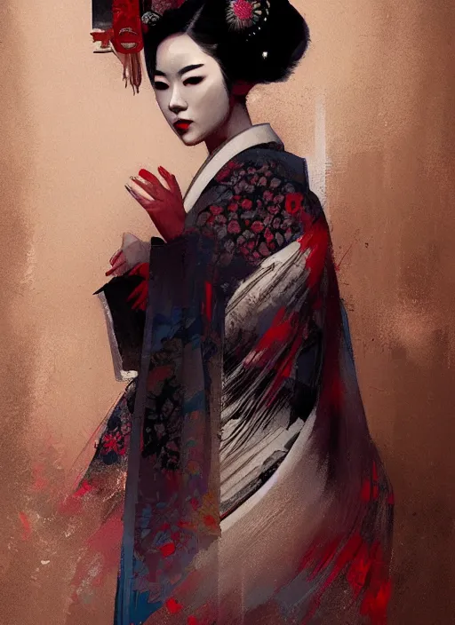 Image similar to female geisha girl, beautiful face, rule of thirds, intricate outfit, spotlight, colourful, by greg rutkowski, by jeremy mann, digital painting