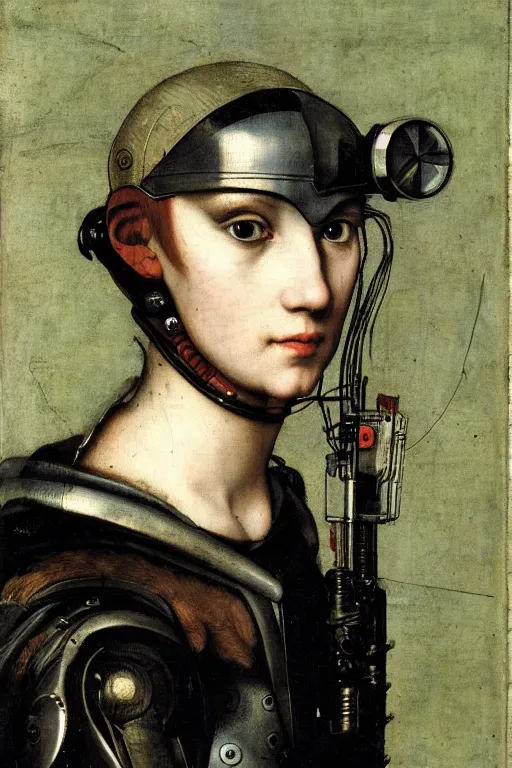 Prompt: a close - up portrait of a cyberpunk cyborg girl, by hans holbein the younger, rule of thirds