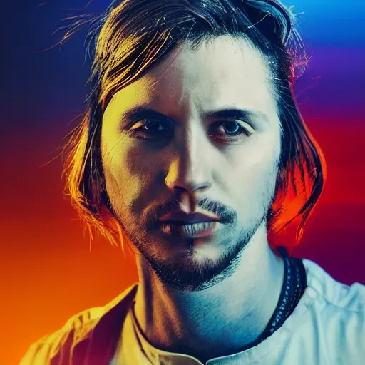 Prompt: grunge atompunk male portrait, native american, brown hair with red and blue highlights, in a cinematic wallpaper, glitch effects, dissolve effects, noise, hdr 8 k dop dof