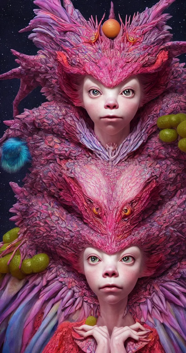 Image similar to hyper detailed 3d render like a Oil painting - kawaii portrait of ein Aurora (a beautiful skeksis muppet fae queen from dark crystal that looks like Anya Taylor-Joy) seen red carpet photoshoot in UVIVF posing in scaly dress to Eat of the Strangling network of yellowcake aerochrome and milky Fruit and His delicate Hands hold of gossamer polyp blossoms bring iridescent fungal flowers whose spores black the foolish stars by Jacek Yerka, Ilya Kuvshinov, Mariusz Lewandowski, Houdini algorithmic generative render, Abstract brush strokes, Masterpiece, Edward Hopper and James Gilleard, Zdzislaw Beksinski, Mark Ryden, Wolfgang Lettl, hints of Yayoi Kasuma and Dr. Seuss, octane render, 8k