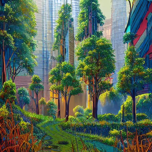 Image similar to Beautiful city of the future, overgrown with trees and plants. Nice colour scheme, warm colour. Beautiful artistic painting by artist Lurid. (2022)