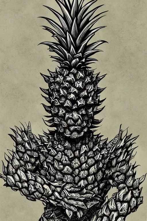 Prompt: pineapple humanoid figure monster wearing pineapple themed armour, symmetrical, highly detailed, digital art, sharp focus, trending on art station, kentaro miura manga art style