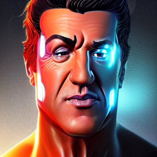 Prompt: portrait of a cyborg sylvester stallone, microchips can be seen inside his transparent cheek, mattepainting concept blizzard pixar maya engine on stylized background splash comics global illumination lighting artstation lois van baarle, ilya kuvshinov, rossdraws