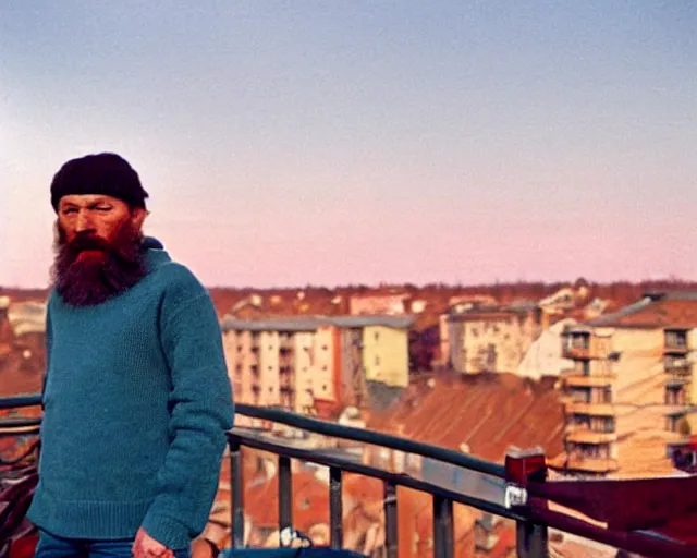 Image similar to award - winning lomographic tarkovsky film still of 4 0 years russian man with beard and sweater standing on small hrushevka 9 th floor balcony in taiga looking at sunset, kodak ektar, bokeh