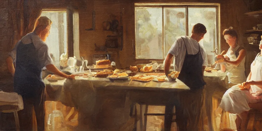 Image similar to oil painting of one young man and one young woman baking waffles in romantic light