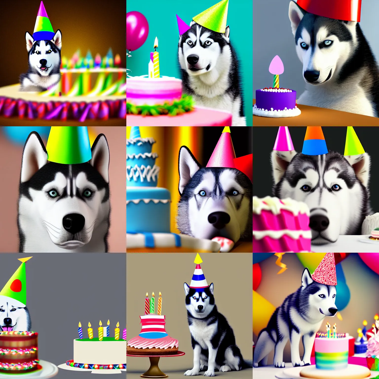 Prompt: husky wearing a party hat next to a birthday cake, digital art, very detailed, realistic, unrealenige 5, 4 k hd