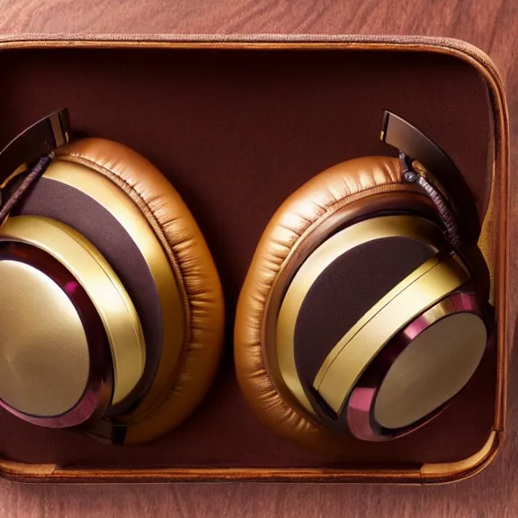 Prompt: masterpiece photo of beautiful crafted retro bismuth headphones in a silk padded leather case, gold metal, bismuth cups, leather padding, displayed on mahogany desk, modernist headphones, wood headphones beautiful well designed, hyperrealistic, audiophile, intricate hyper detail, extreme high quality, photographic, meze audio, sennheiser, hifiman, artstation