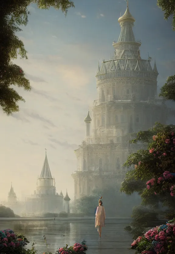 Image similar to vanishing point, palace like the kremlin in distance on a lake is covered with aqua blue roses, viewed from afar, stephen bliss, misty, unreal engine, fantasy art by greg rutkowski, loish, ferdinand knab, and lois van rossdraws,, global illumination, radiant light, minimalist, detailed and intricate environment