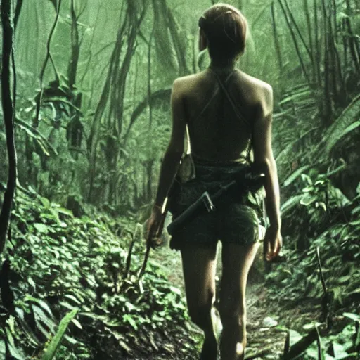 Image similar to film still, close up, emma watson soldier hiking through dense vietnam jungle, mist, film still from apocalypse now ( 1 9 7 9 ), 2 6 mm, kodak ektachrome, blue tint ektachrome film,