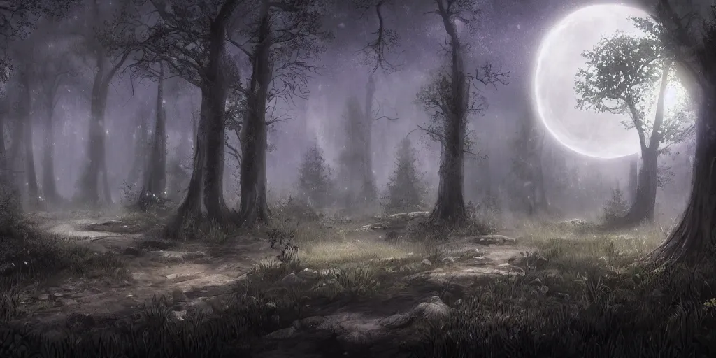 Image similar to ttrpg of a moonlit clearing in the woods, gridless, beautiful, 8 k, high quality digital art