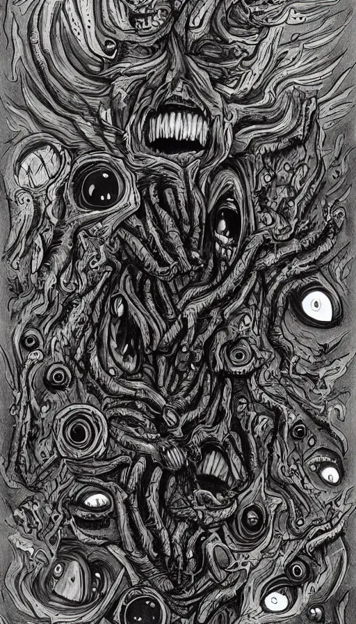 Image similar to a storm vortex made of many demonic eyes and teeth, by jesper esjing