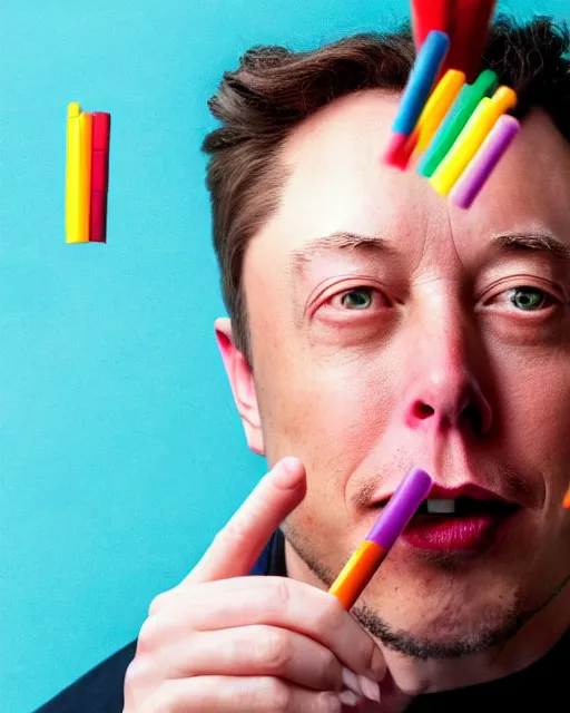 Image similar to a man eating crayons with a fork, box of wax pastels, elon musk, 4 k, high quality, crayons served on a plate