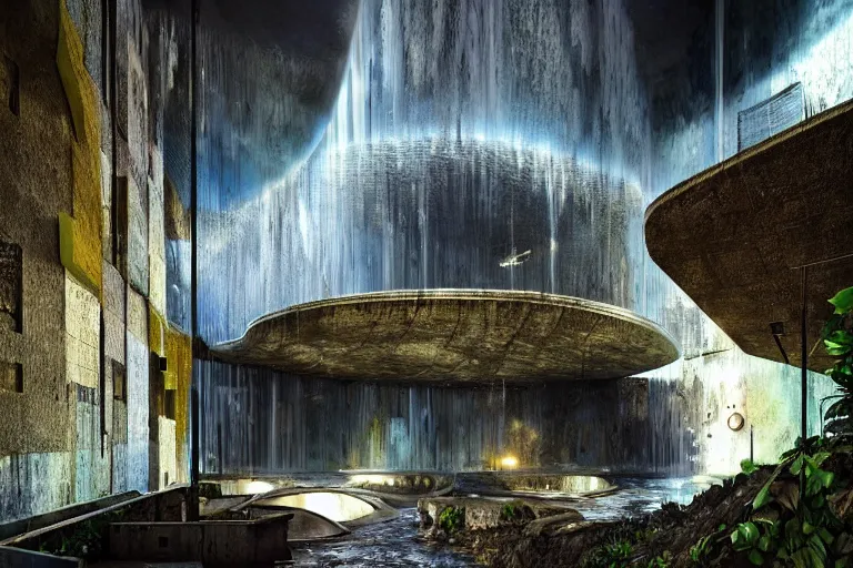 Image similar to favela bunker spaceship disco hive, brutalist waterfall environment, industrial factory, whimsical, award winning art, epic dreamlike fantasy landscape, ultra realistic,