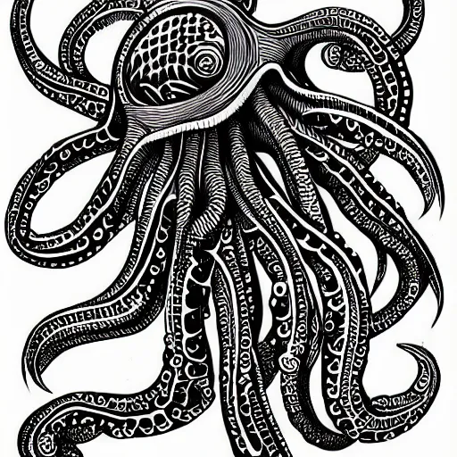 Image similar to detailed intricate black and white illustration of an alien octopus