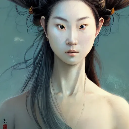 Prompt: A portrait of An beautiful!!! ancient Chinese female swordsman by Ross Tran!!! and Zhang Daqian and greg rutkowski! and gustav doré! and Zdzisław Beksiński! and Ruoxin Zhang!!!,In style of digital art illustration.Symmetry.Highly detailed face.Fantasy,smooth,hyper detailed,sharp focus,Soft light.trending on artstation.