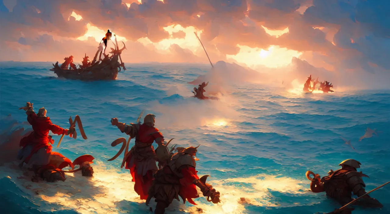 Image similar to concept art of a medieval battles in the sea, volumetric lighting, digital pixel art, pixiv, official fanart behance hd by Jesper Ejsing, by RHADS, Makoto Shinkai and Lois van baarle, ilya kuvshinov, rossdraws global illumination