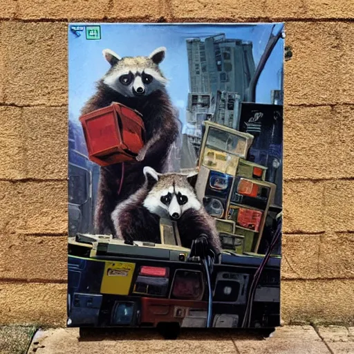 Prompt: greg manchess painting of a trash panda character, wearing an acdc t - shirt, holding a box of cables and standing next to old electronic equiptment, medium shot, asymmetrical, profile picture, organic painting, sunny day, matte painting, bold shapes, hard edges, street art, trending on artstation, by huang guangjian and gil elvgren and sachin teng