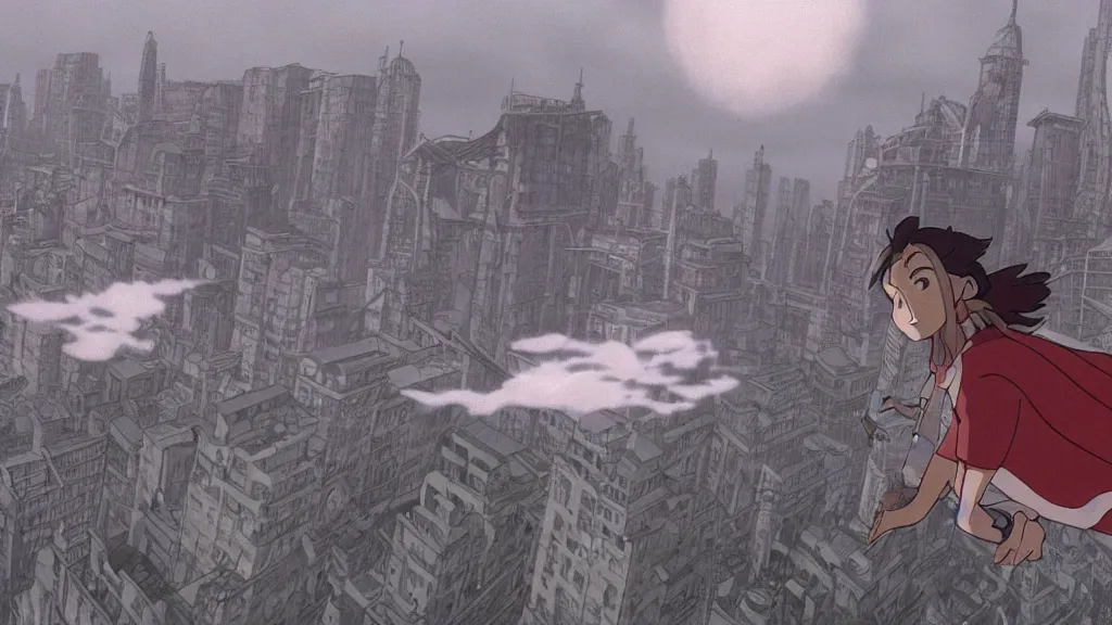 Image similar to a cell shaded cartoon movie still from princess mononoke ( 1 9 9 7 ) showing a ufo from independence day ( 1 9 9 6 ) hovering in the air above a city. very dull muted colors, hd, 4 k, hq