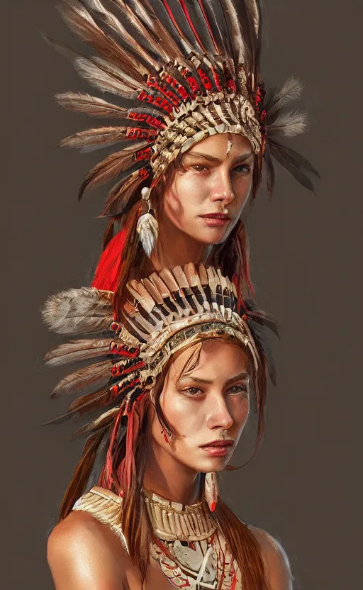 Image similar to gorgeous redskin woman wearing headdress, intricate, elegant, highly detailed, artstation, concept art, smooth, sharp focus, illustration, art by stefan kostic and greg rutkowski