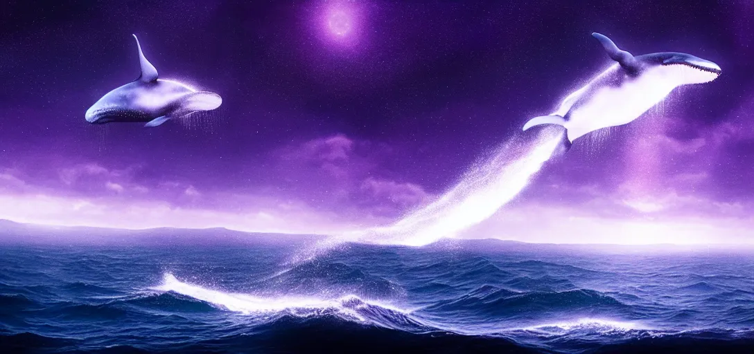 Image similar to an epic wide angle shot of a lonely whale flying above the sea, cosmic starry sky, concept art, purple theme atmospheric lighting by leesha hannigan