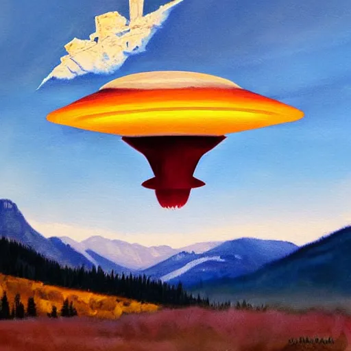 Prompt: HR Geiger painting alien mothership flying over the top of the Rocky Mountains