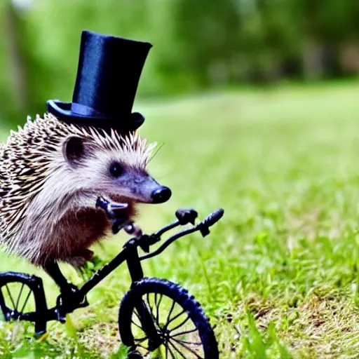 Image similar to a photo of a hedgehog riding a bicycle and wearing a top hat