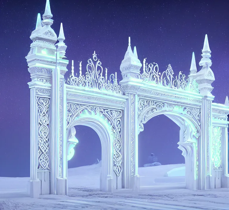 Image similar to a very detailed concept art of intricate and well designed white gates to aurora borealis infused with magic by wes anderson, dynamic lighting trending on artstation, symmetry, digital art, 4 k, hyper realistic, octane render, sharp focus