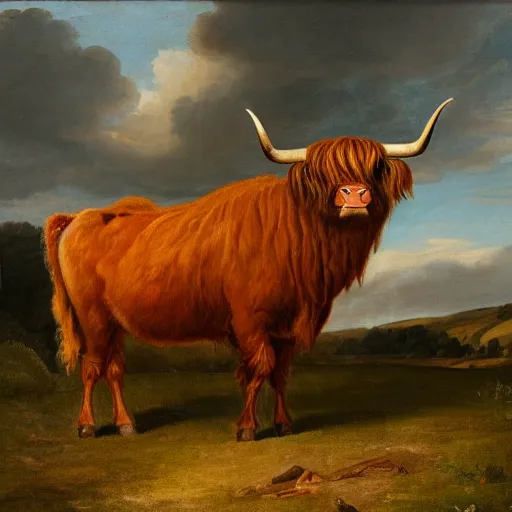 Prompt: oil painting by george stubbs of a highland cow and a man wearing 1 7 th century clothing, standing in a farm field.