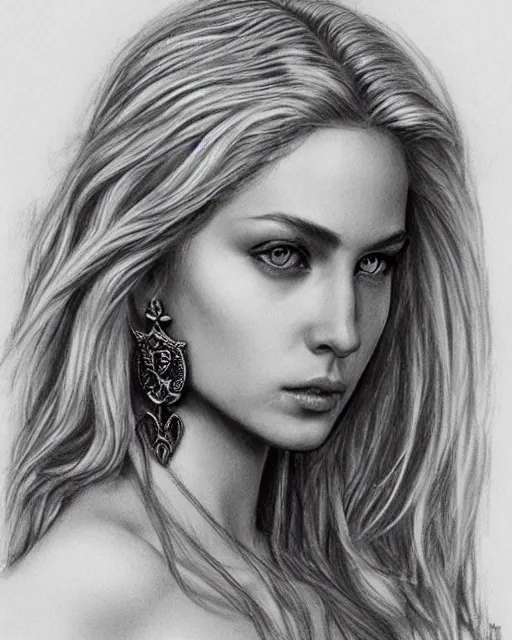 Image similar to pencil drawing of a beautiful greek goddess aphrodite with arrowhead earrings, beautiful piercing eyes, beautiful blonde hair, hyper realistic face, in the style of greg rutkowski, fantasy, amazing detail, epic, elegant, smooth, sharp focus, from the front