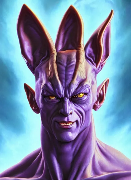 Image similar to a epic portrait of beerus, art by boris vallejo and greg danton and denys tsiperko, detailed, hyperrealism, artstation