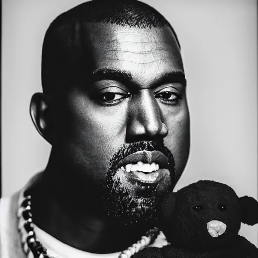 Prompt: Portrait studio photograph of Kanye West with a anthropomorphic teddy bear, close up, shallow depth of field, in the style of Felice Beato, Noir film still, 40mm