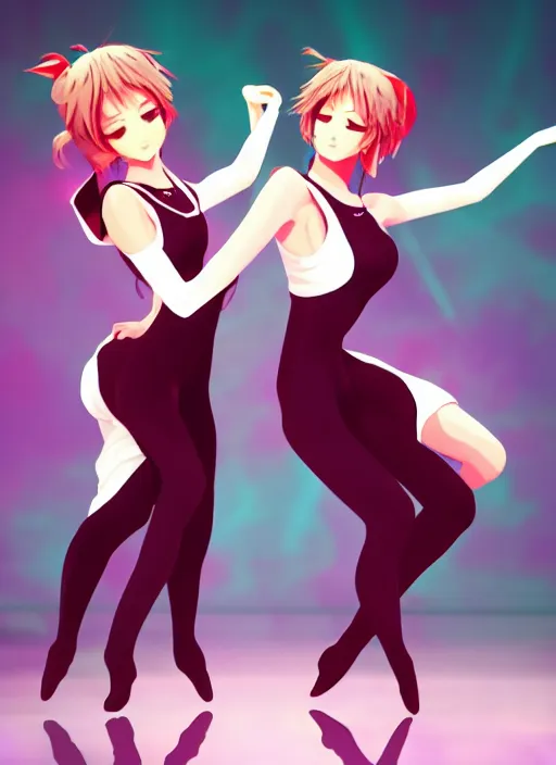 Image similar to two beautiful mature idols dancing on stage, gorgeous faces, smooth, thick lines, cinematic lighting, detailed anime art