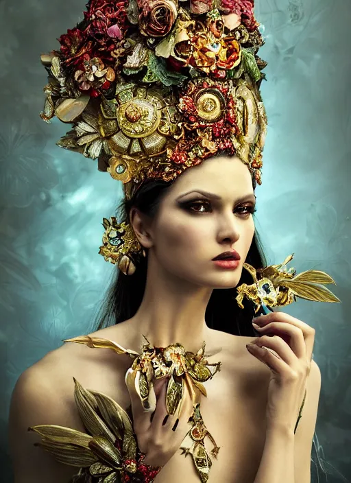 Image similar to expressive full body photo of a female model, ornate headpiece made from flowers, ornaments, glamour shot, by karol bak, by stefan gesell, photorealistic, canon r 3, fashion photography, detailed and intricate, perfect body shape, hyper maximalist, elegant, ornate, luxury, elite, environmental portrait, symmetrical features, octane render, unreal engine