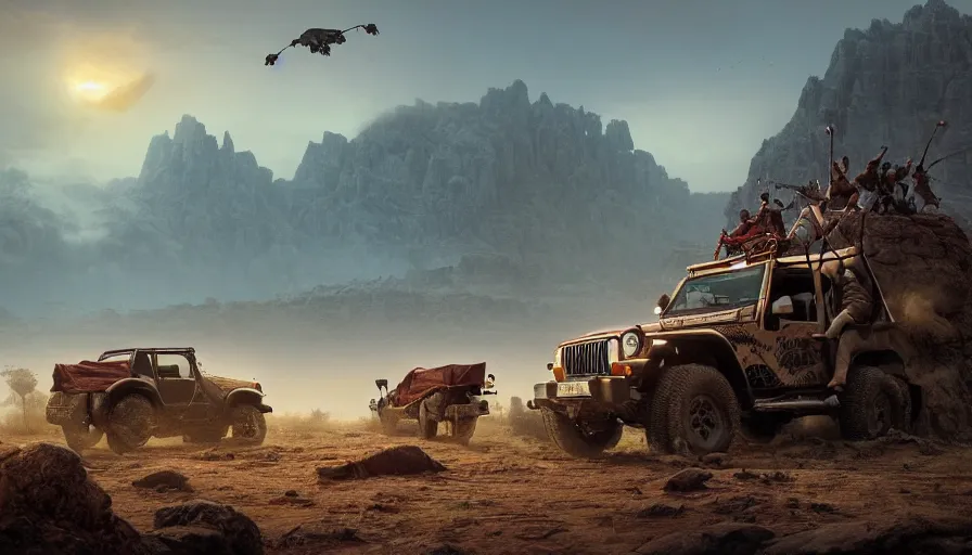 Image similar to Mahindra thar, tribe members attacking, action scene, an epic fantasy, dramatic lighting, cinematic, establishing shot, extremely high detail, photorealistic, cinematic lighting, tending on artstation, solarpunk, matte painting, octane render, by simon stalenhag, horizon forbidden west