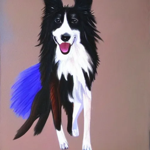 Image similar to a border collie dressed as a woman doing a fashion show in a theater, the audience consists of dogs, acrylic painting p