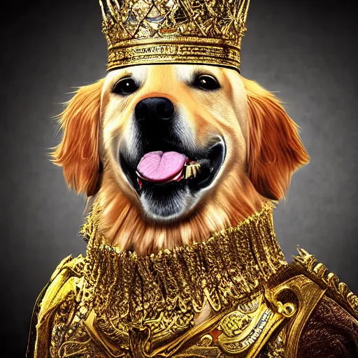 Image similar to Photomanipulation of golden retriver king , is dressed as a king, ultrarealism, photorealism, detailed, crown and gown