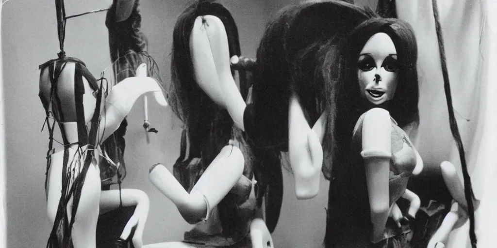 Prompt: eva longoria as a marionette puppet, pose, 1 9 7 0 s, poleroid, dark, eerie, realistic, vintage noir, disassembled