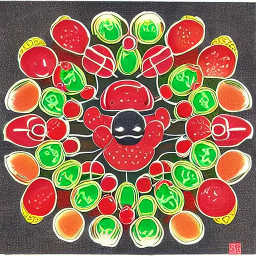 Prompt: intricate symmetrical art of fruit robot by go nagai