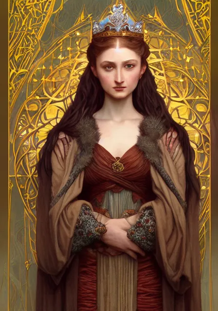 Prompt: sansa coronation, intricate, elegant, highly detailed, digital painting, artstation, concept art, smooth, sharp focus, illustration, art by artgerm and greg rutkowski and alphonse mucha and william - adolphe bouguereau