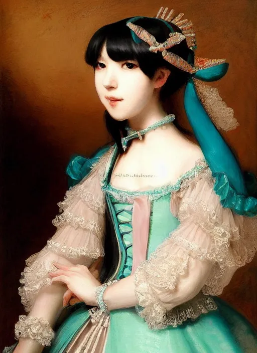 Prompt: hatsune miku, baroque dress. by rembrandt, ( ( konstantin razumov ) )