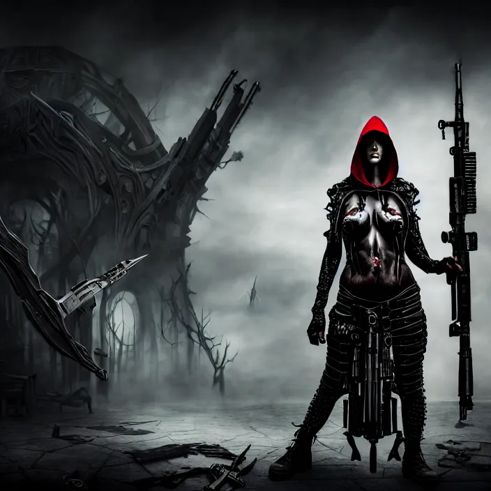 Image similar to apocalyptic woman in hood standing in hall of weaponry, hyper - detailed, smooth, sharp focus, 4 k ultra hd, fantasy dark art